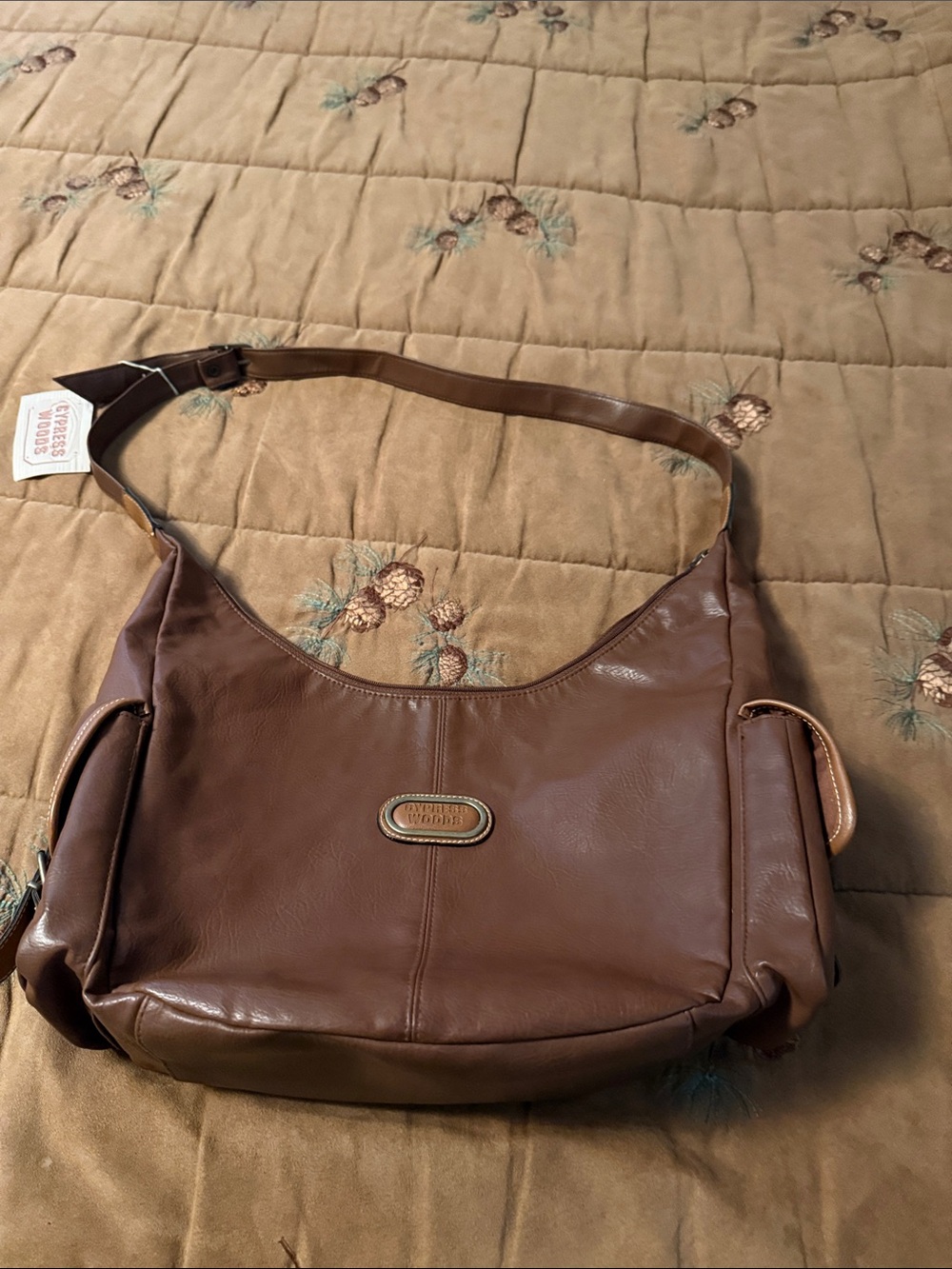 Women's Brown Shoulder Hobo Bag with Metal Logo Plaque Cyoress Woods Brand NWT